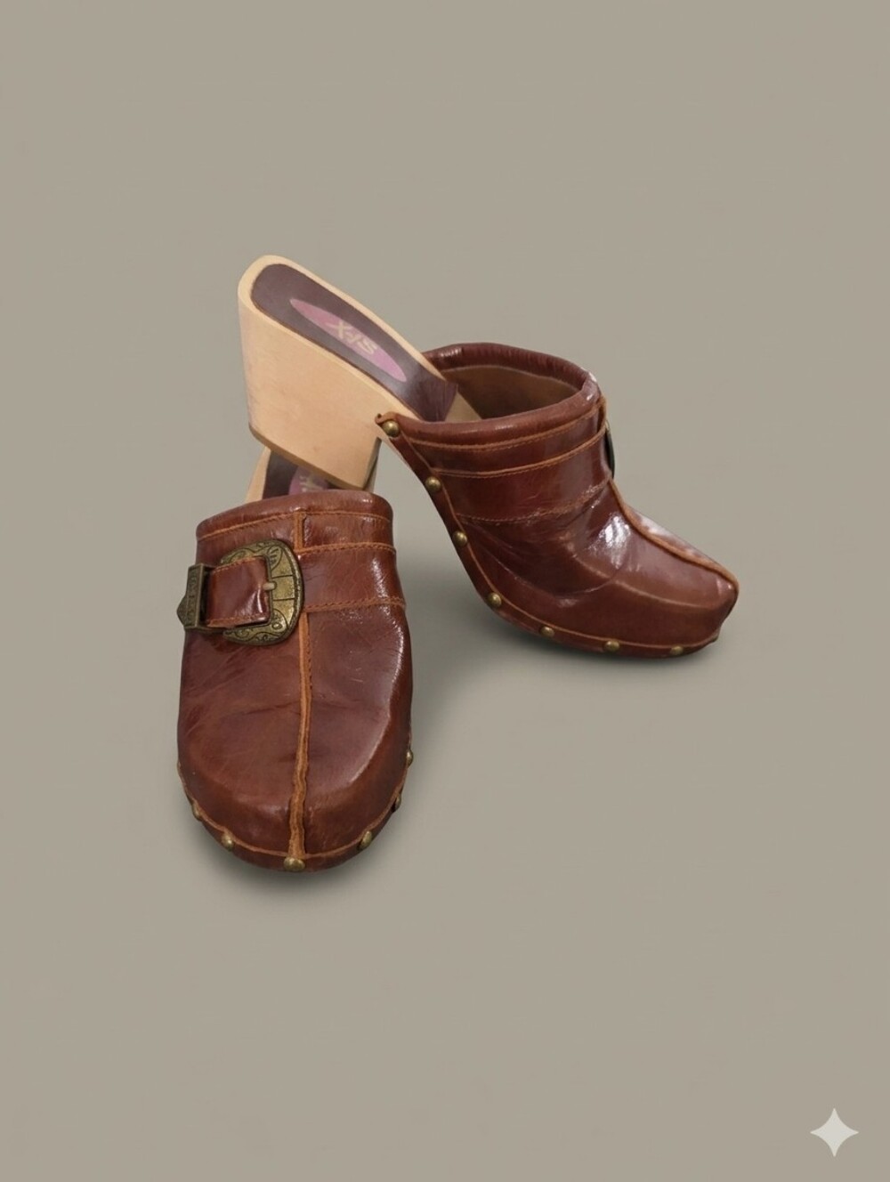 Vintage X4B Brown Buckle Clog Mules SZ 36